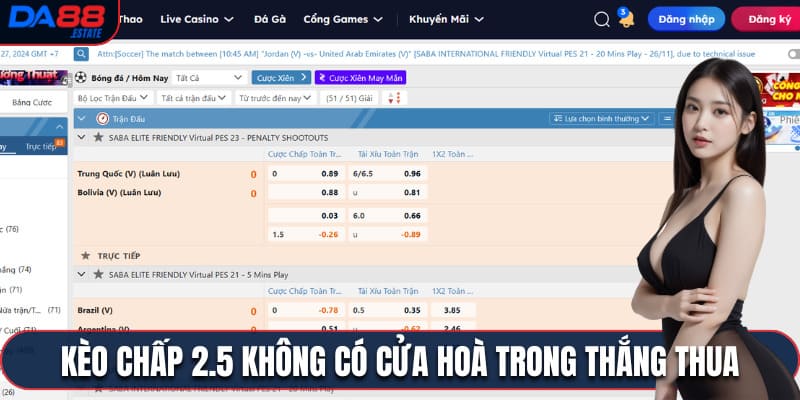 Kèo chấp 2.5 không có cửa  hoà trong thắng thua